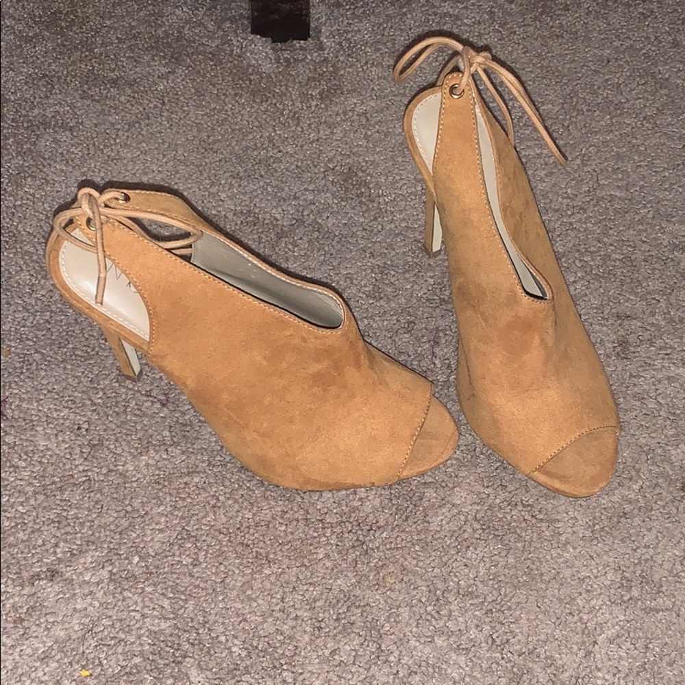Camel colored peep toe heel with back tie detail